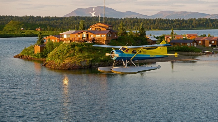 rock, trees, aircraft, USA, snow, house, star engine, airplane, island, landscape, mountain, water, lake, clouds, Alaska, forest, propeller