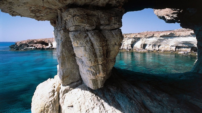 cliff, nature, Cyprus, beach, rock, sea, landscape, island, cave