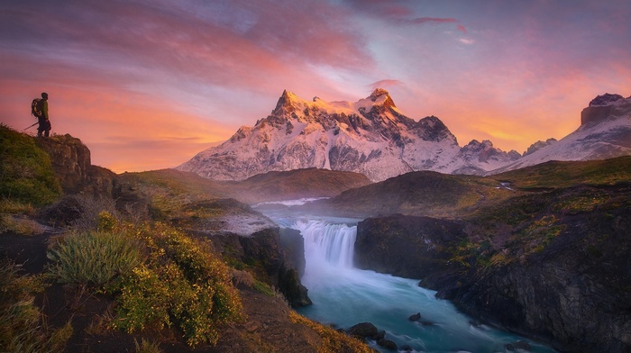 clouds, Chile, Torres del Paine, landscape, sunrise, mountain, waterfall, snowy peak, nature, river, shrubs