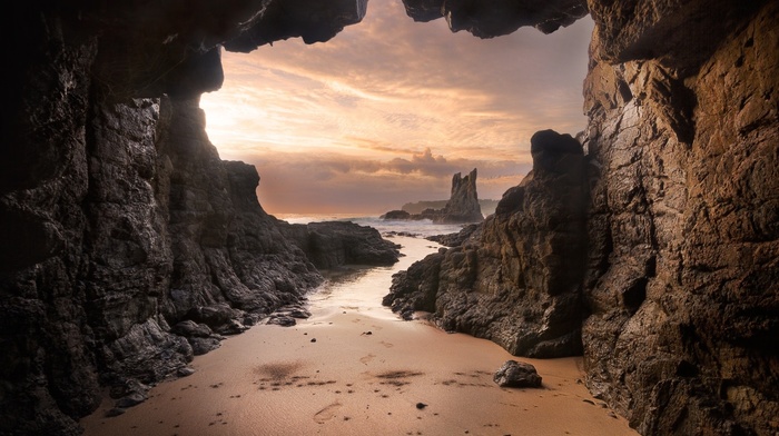 sand, sunset, nature, beach, clouds, sea, landscape, Australia, cave, rock