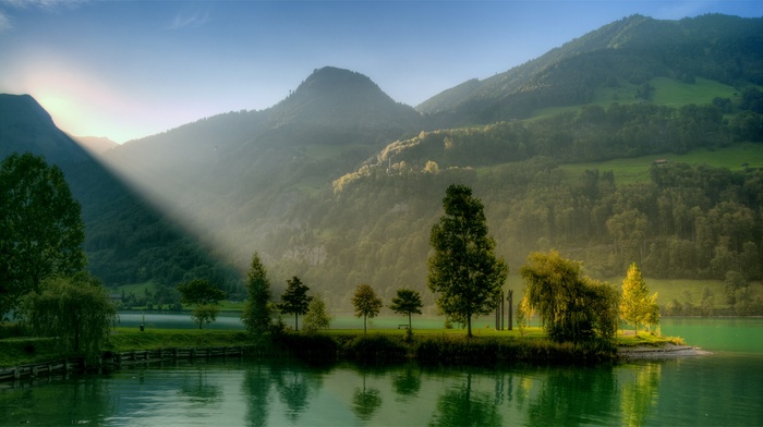Switzerland, landscape, hill, lake, sunlight, nature