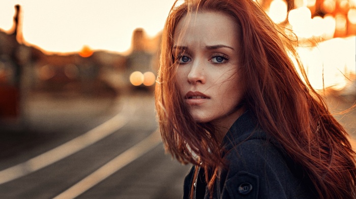road, girl, model, redhead, face, girl outdoors, depth of field