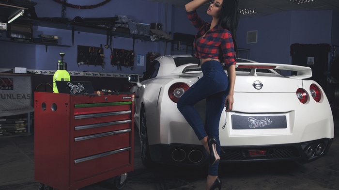 model, garages, high heels, girl, car, jeans