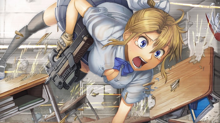 anime girls, weapon, school uniform, FN P90