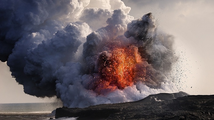 Hawaii, eruptions, landscape, lava, rock, nature, ash, volcano, sea, smoke