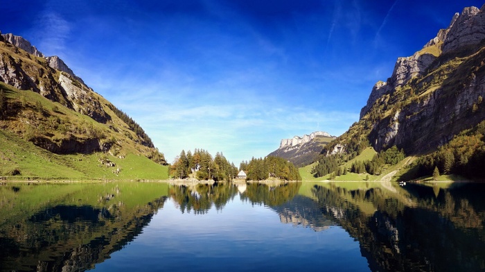 nature, lake, cliff, mountain, cabin, grass, trees, green, blue, reflection, landscape