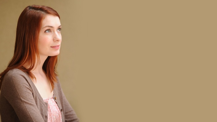 model, face, simple background, redhead, looking up, actress, smiling, portrait, long hair, sweater, girl, Felicia Day