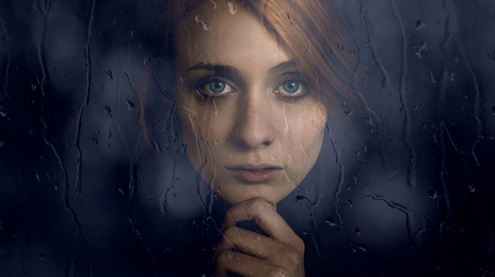 model, face, girl, looking at viewer, redhead, long hair, portrait, water drops, blue eyes, glass