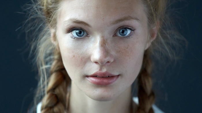 girl, freckles, braids, blue eyes, face, redhead