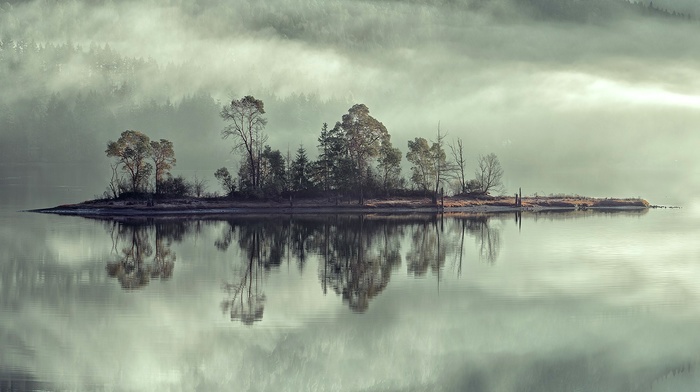 reflection, forest, water, mist, landscape, clouds, island, nature, lake, trees