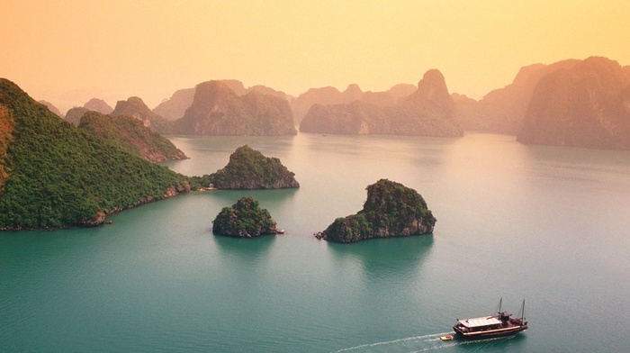 landscape, Halong Bay, cliff, mist, beach, Vietnam, sea, island, water, rock, boat, nature, tropical, limestone