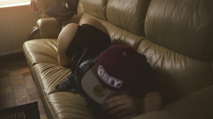girl, baseball caps, ass, lingerie, bent over, couch, model