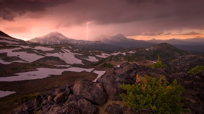 snow, snowy peak, Oregon, shrubs, landscape, lightning, sunset, storm, mountain, clouds, nature