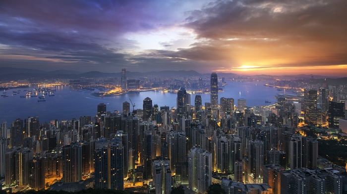 landscape, sea, architecture, skyscraper, nature, urban, lights, modern, pier, bay, Hong Kong, mountain, building, clouds, sunrise, cityscape