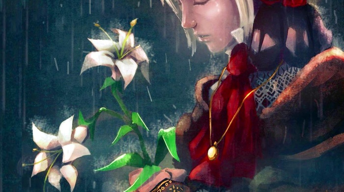 girl, flowers, Doll, crying, rain