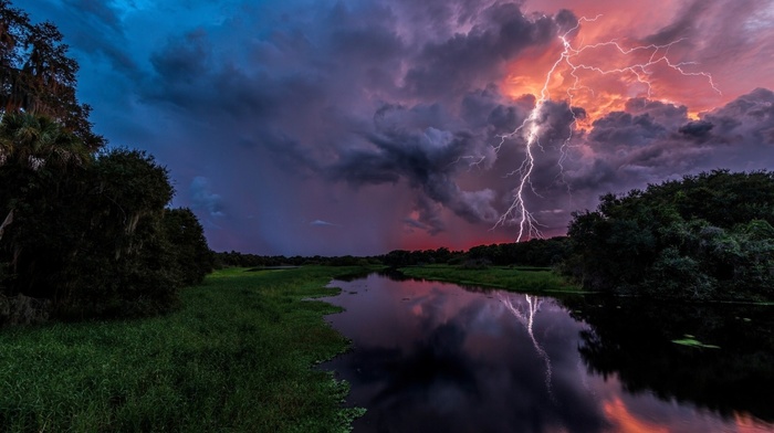 sunset, Florida, landscape, reflection, water, grass, clouds, USA, trees, river, forest, nature, lightning, storm
