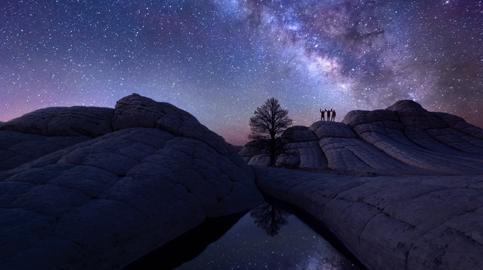 silhouette, clouds, trees, stars, men, nature, landscape, Milky Way, water, rock, night