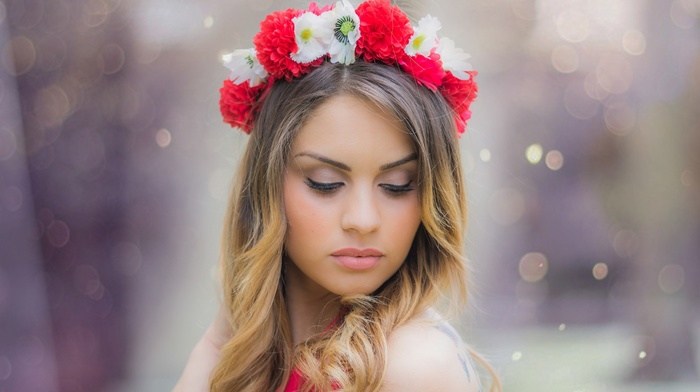 russian, girl, blonde, celebrity, face, flowers, eyes, wreaths