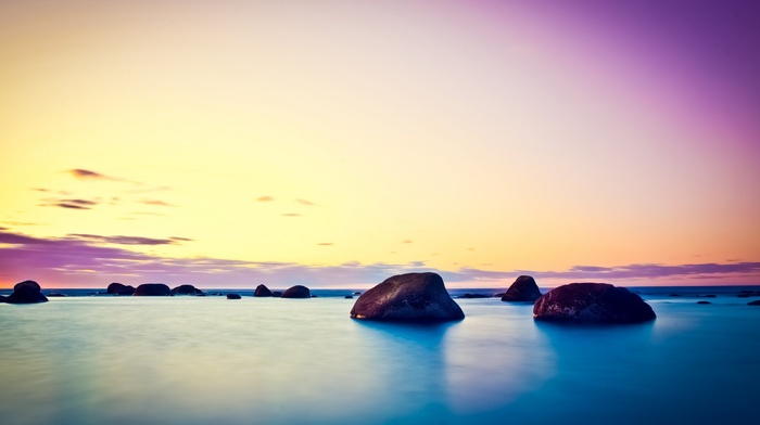 nature, sunset, rock, long exposure, water