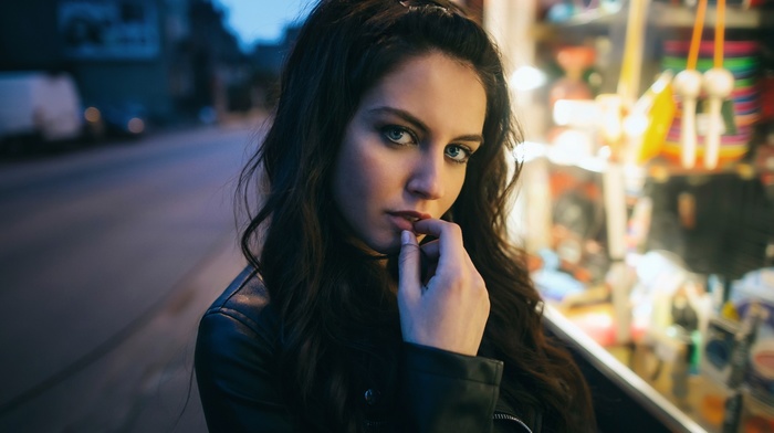 model, finger in mouth, portrait, Aurela Skandaj, face, road, blue eyes, girl