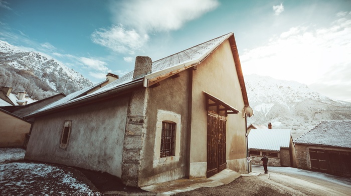 road, house, snow, mountain, nature