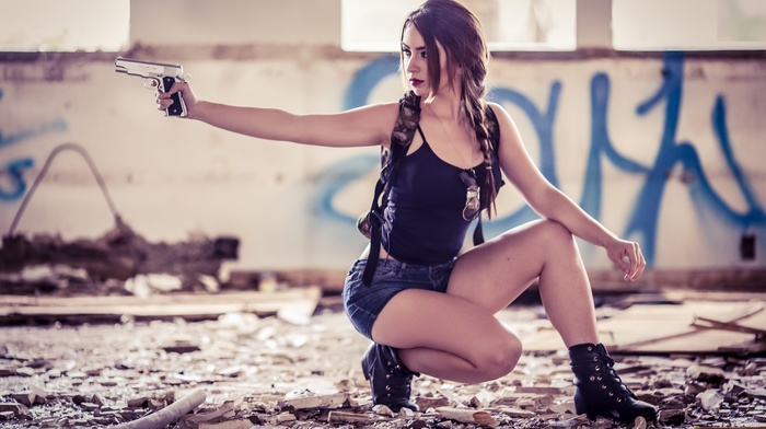 gun, girl, model, jean shorts