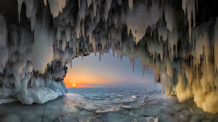 landscape, cold, nature, lake, winter, stalactites, ice, sunset, cave, frost