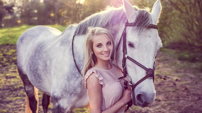 blonde, girl, horse