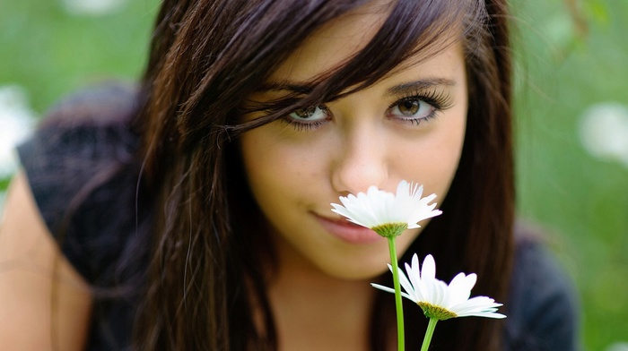 nature, brunette, girl, flowers, face