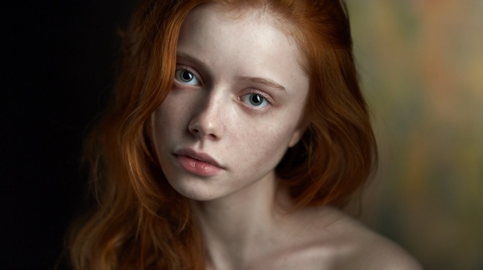 blue eyes, girl, bare shoulders, redhead, face