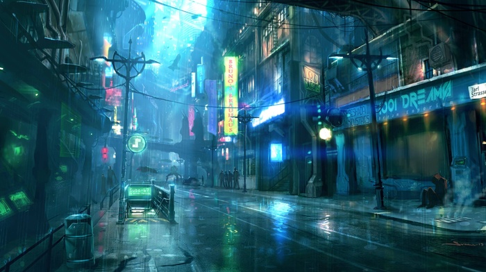 rain, night, street