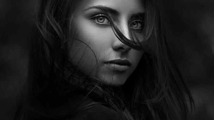 portrait, hair in face, monochrome, looking at viewer, model