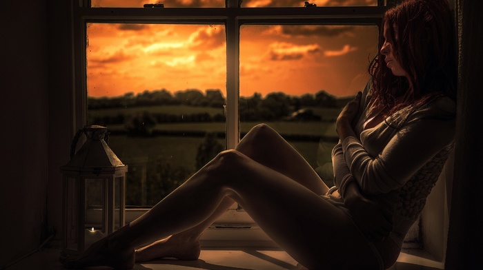 redhead, sunset, girl