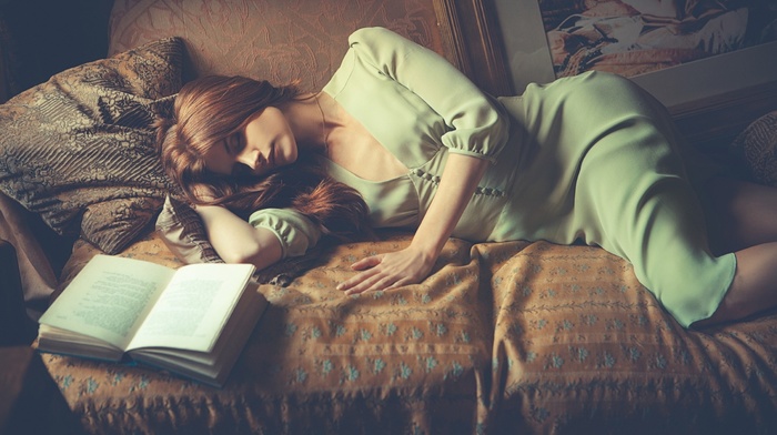 couch, redhead, books, sleeping, girl