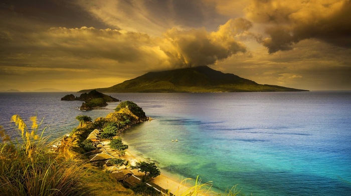landscape, volcano, house, nature, grass, island, trees, Philippines, mountain, beach, sunset, clouds, peninsulas, sea