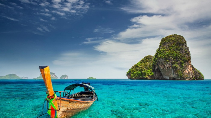turquoise, summer, landscape, sea, Thailand, island, nature, limestone, boat, Railay Beach, clouds, tropical, cliff