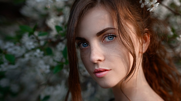 girl, redhead, blue eyes, model, portrait