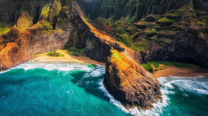 aerial view, landscape, sea, coast, Hawaii, Kauai, beach, mountain, cliff, nature