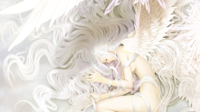 white, wings, anime girls, fantasy art, angel, topless