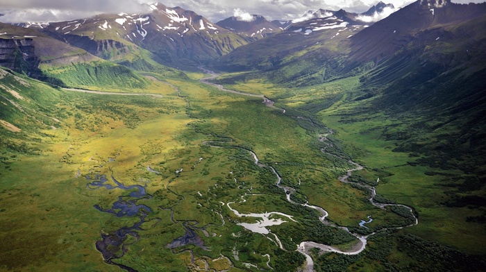 snowy peak, landscape, green, nature, mountain, spring, aerial view, river, valley, Alaska, clouds