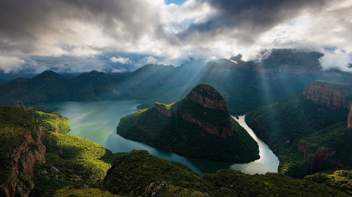 shrubs, nature, sun rays, canyon, river, clouds, landscape, South Africa, sunrise, morning, mountain