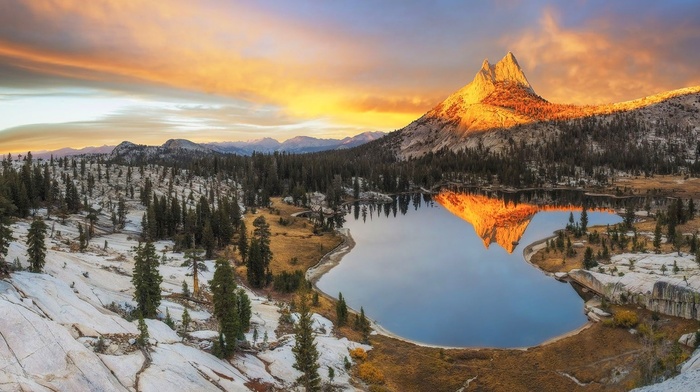 sunset, forest, snow, california, water, lake, landscape, reflection, mountain, clouds, Yosemite National Park, nature