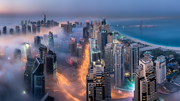 Dubai, skyscraper, sunrise, building, mist, landscape, bay, lights, nature, sea