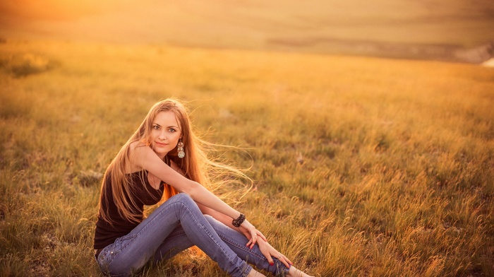 jeans, girl, blonde, model, grass