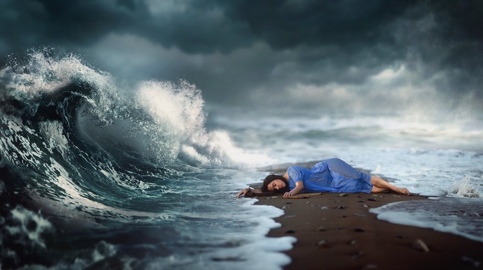 sea, digital art, model, girl