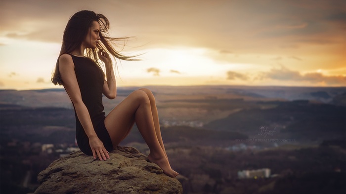 black dress, depth of field, long hair, dress, girl, legs together, landscape, legs, brunette