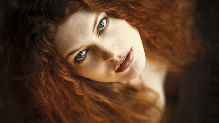 girl, looking up, redhead, face, blue eyes, curly hair