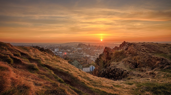 grass, sunset, city, nature, mountain