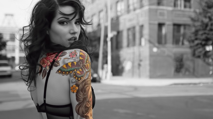 city, tattoo, girl, road, model, selective coloring