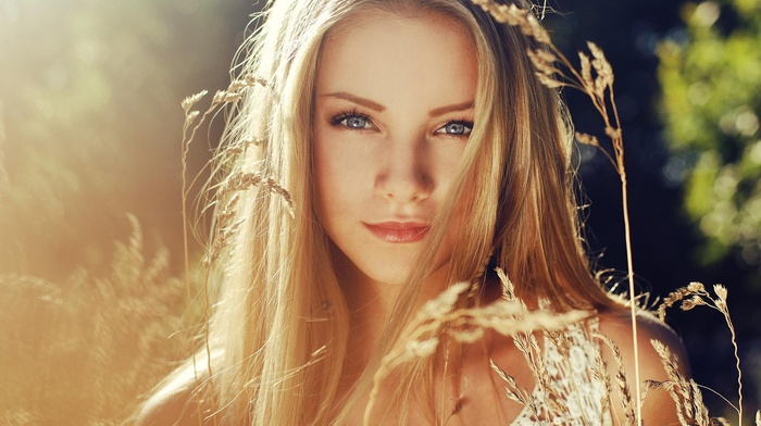 girl, blonde, blue eyes, girl outdoors, face, looking at viewer